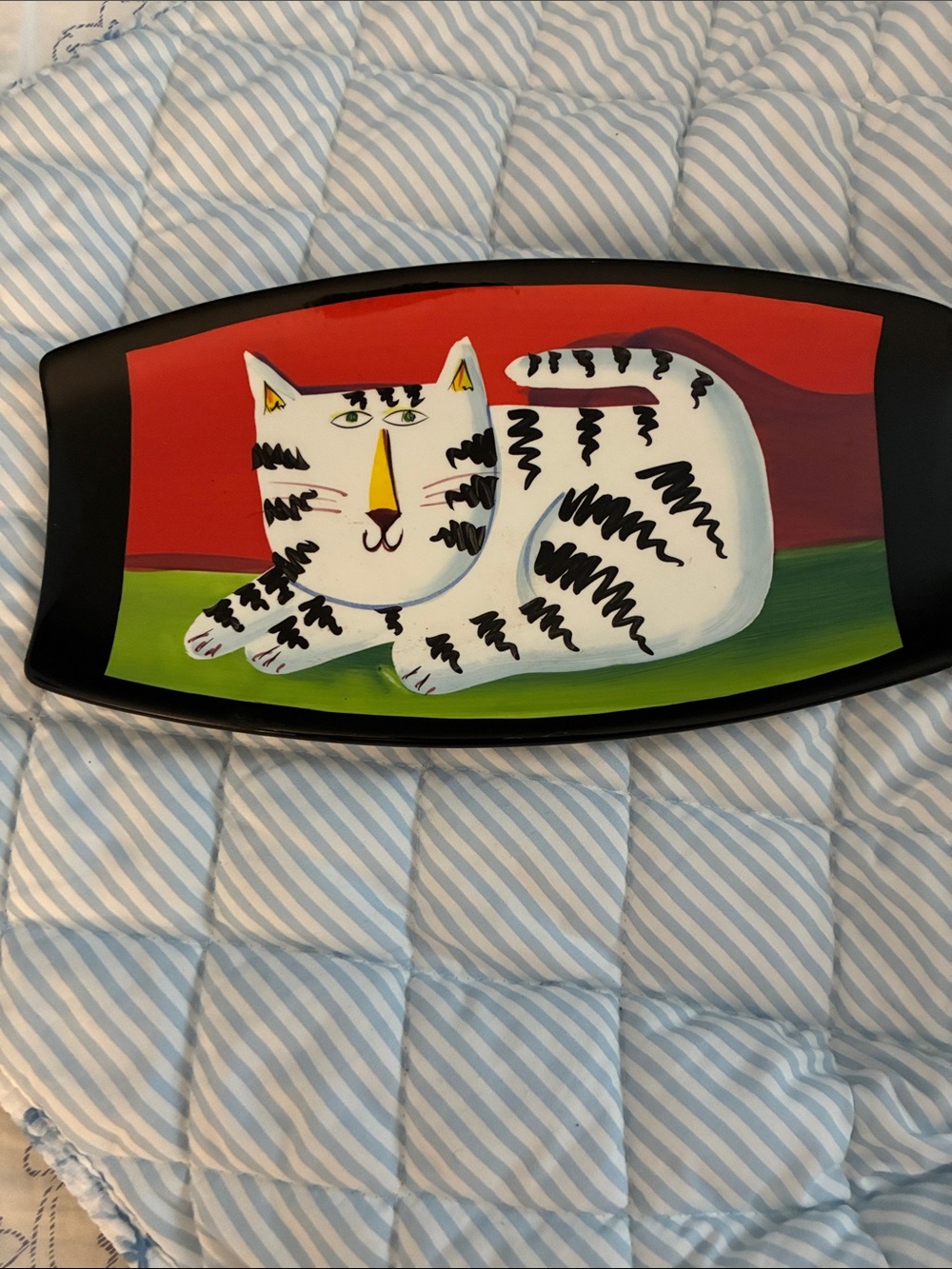 Hand-Painted Cat Serving Platter in Black, White. red ,green